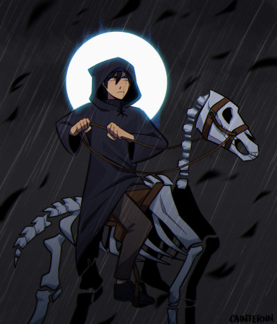A drawing of Quackity wearing a black robe and riding his skeleton horse through the moonlit rain.